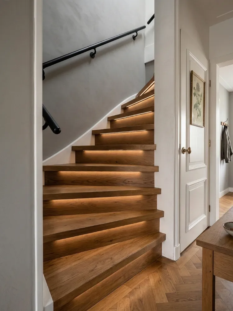 Gerenoveerde trap met houtlook treden en verlichting in een hal