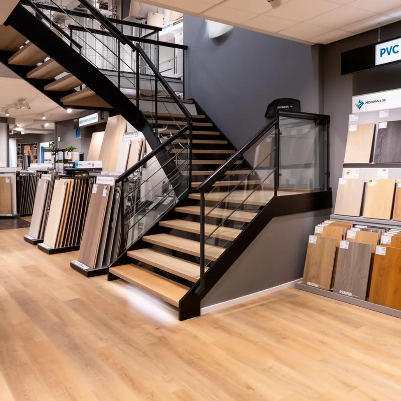 Trap in de showroom naast stalen van PVC vloeren